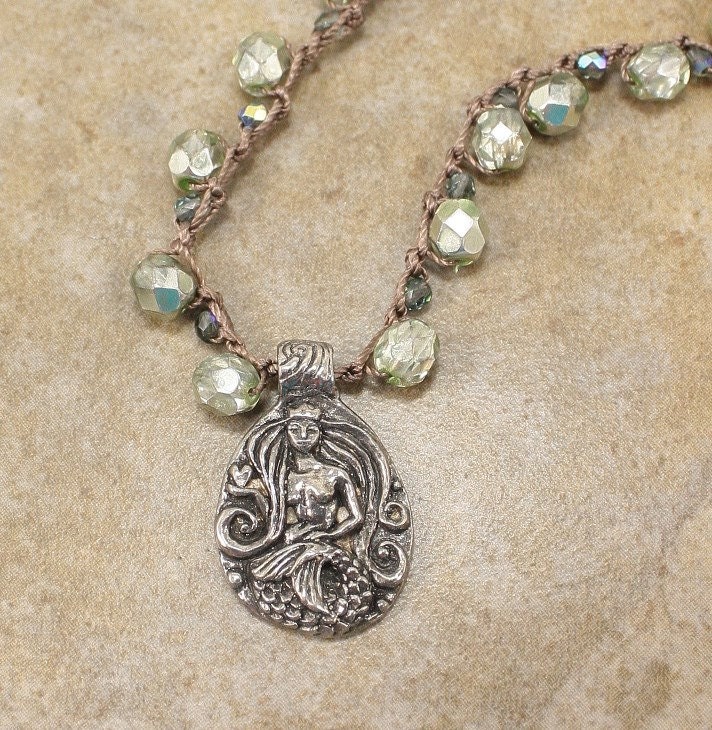 Mermaid Necklace Artisan Pewter Sage Green Blue Crystal Crochet Necklace Mermaid Jewelry