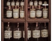 French medicine cabinet, pharmacy bottles, apothecary, French labels, medieval charity hospital - 8x8 - Original Fine Art Photograph