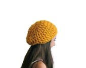 Mustard, Deep saffron, Crochet Hat, Beanie, chunky slouchy,  fit, tam, boho, Trendy. Stylish, Earthtones, bohemian,