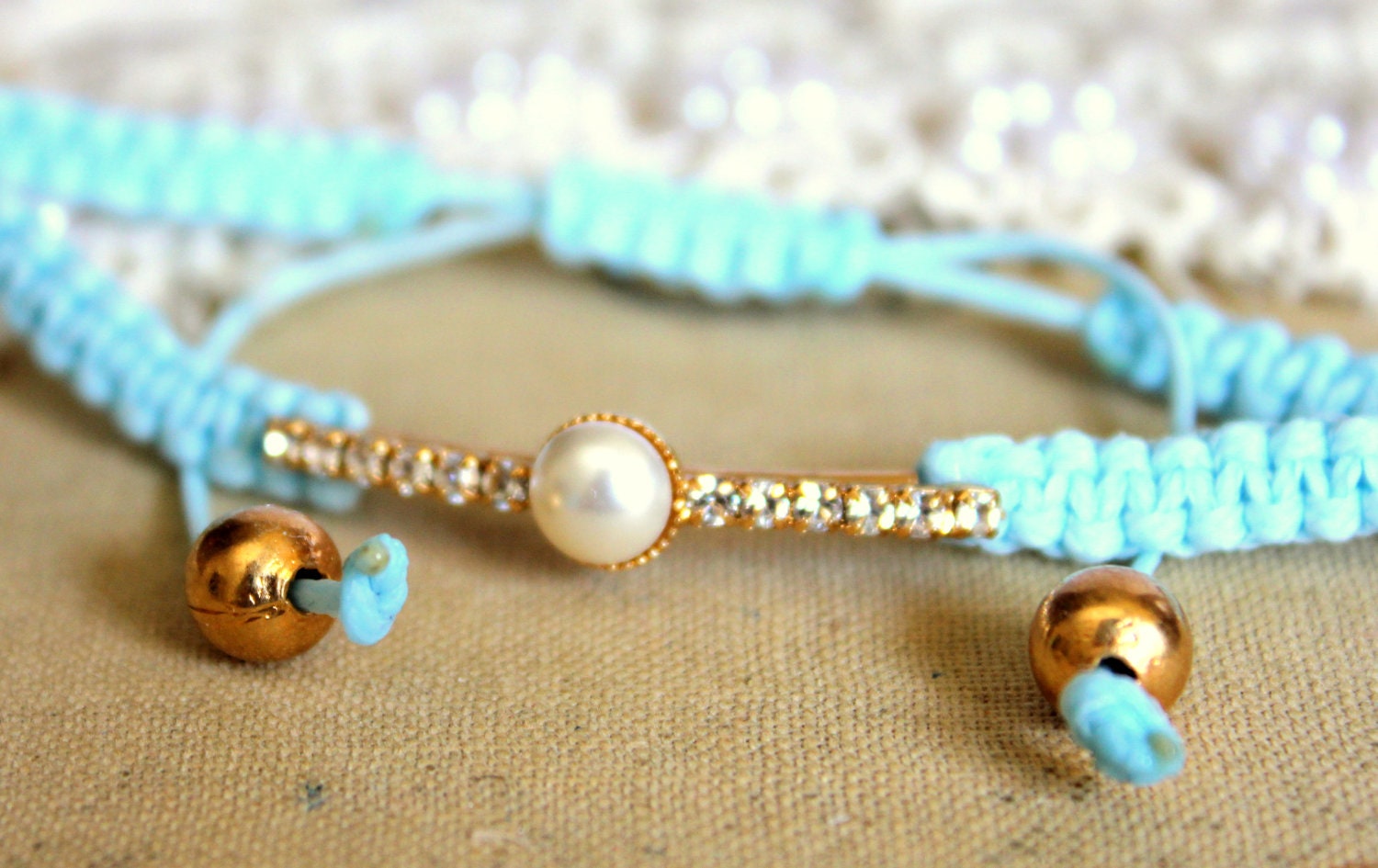 Friendship bracelet clear white crystal and pearls white braided bracelet.
