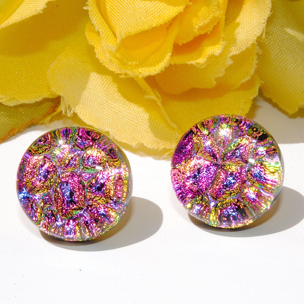 Dichroic Button Stud Earrings, Fused Glass Jewelry, Post, Round, Circle, Sparkle, Pastel, Purple Pink Gold, 1/2" 1.3cm (Item 30403-E)