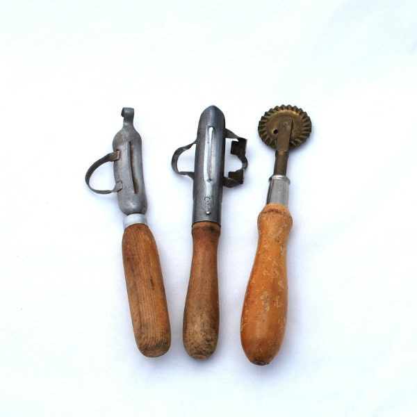 Vintage Tools Seven Fruit Peelers Pitters Corers Pie Wheel Wood Handles Instant Collection