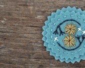 Felt Brooch Hand Embroidered Pin Light Blue Wool Felt with mustard yellow, pewter grey and ivory embroidery by love maude