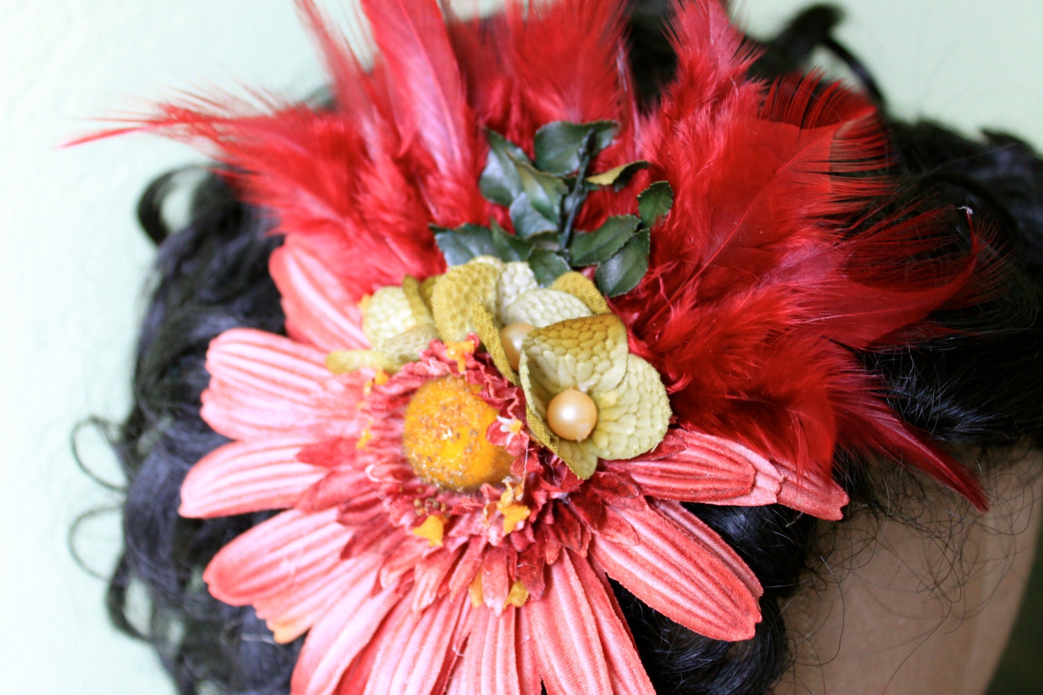 Rose Pink feather and leaf hair fascinator - MollysPurl