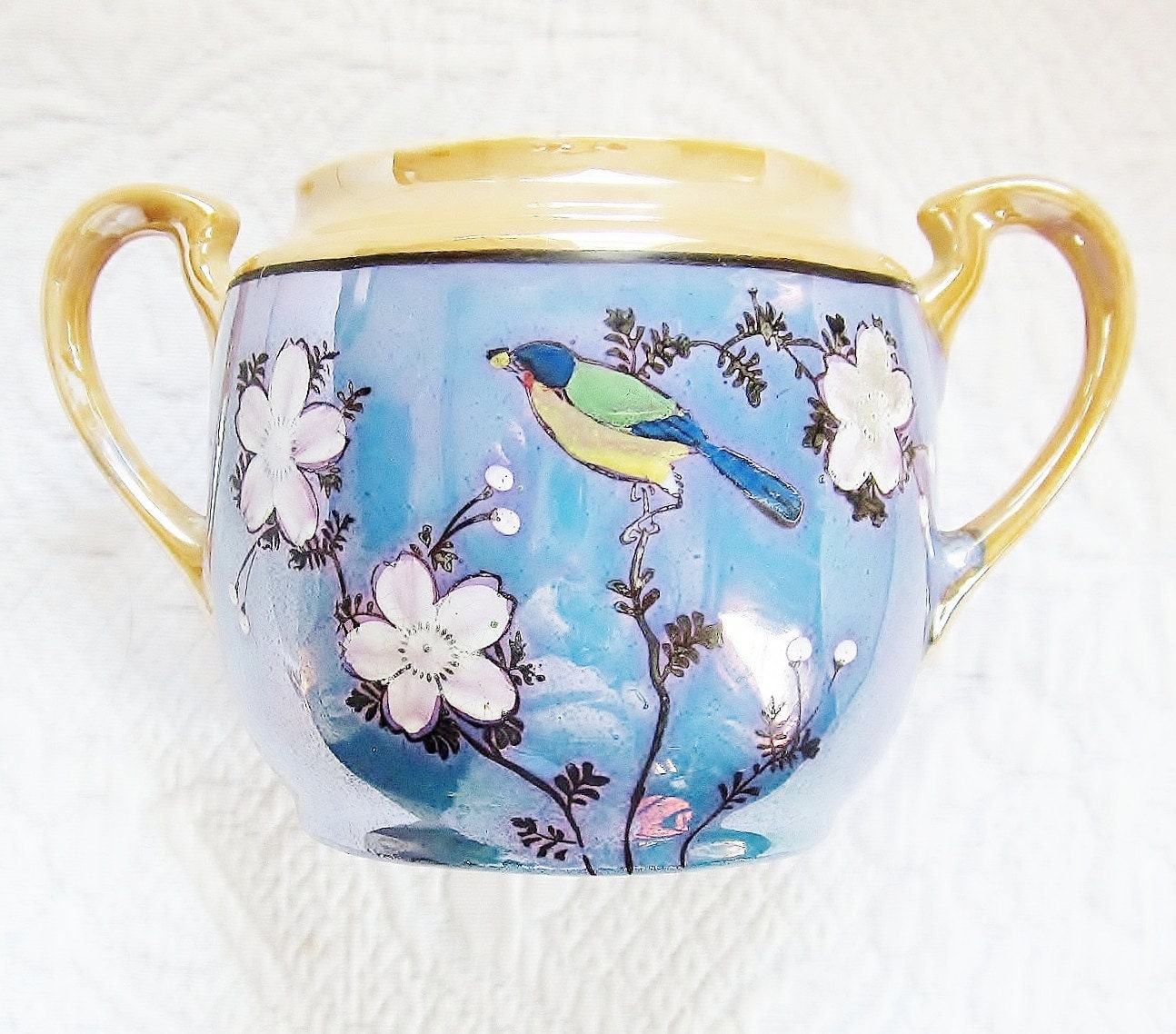 Lusterware Open Sugar Bowl Blue Peach Bird And Blossoms Vintage Japan - jarmfarm