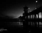 Night at The Pier - Sunset on a California Beach 8x12 BW Photo of the Huntington Beach Pier