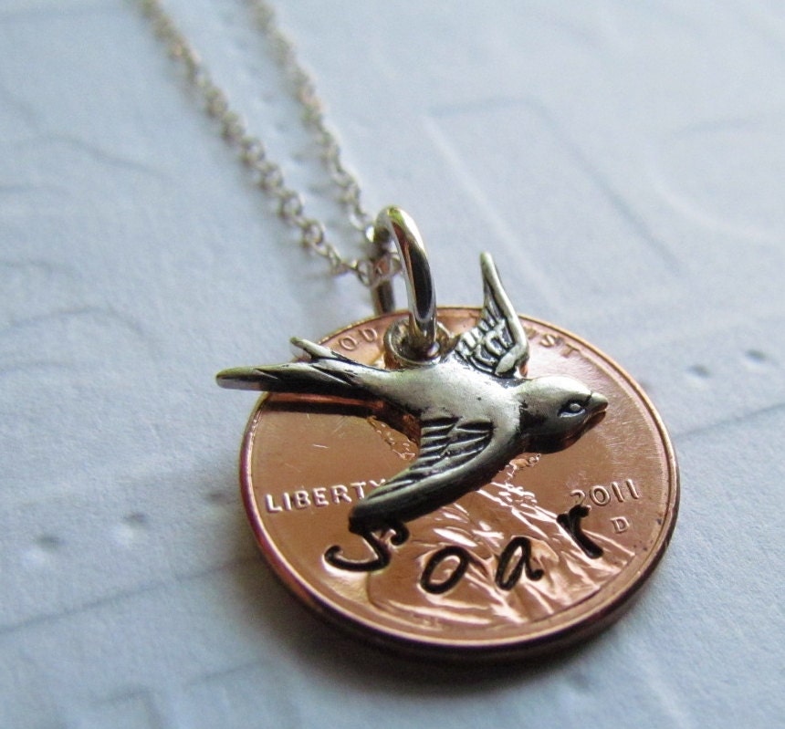 SOAR Lucky Penny Necklace Hand Stamped Jewelry Soaring Swallow Bird Charm Sterling Silver One Word Personalized For You 2013 Now Available