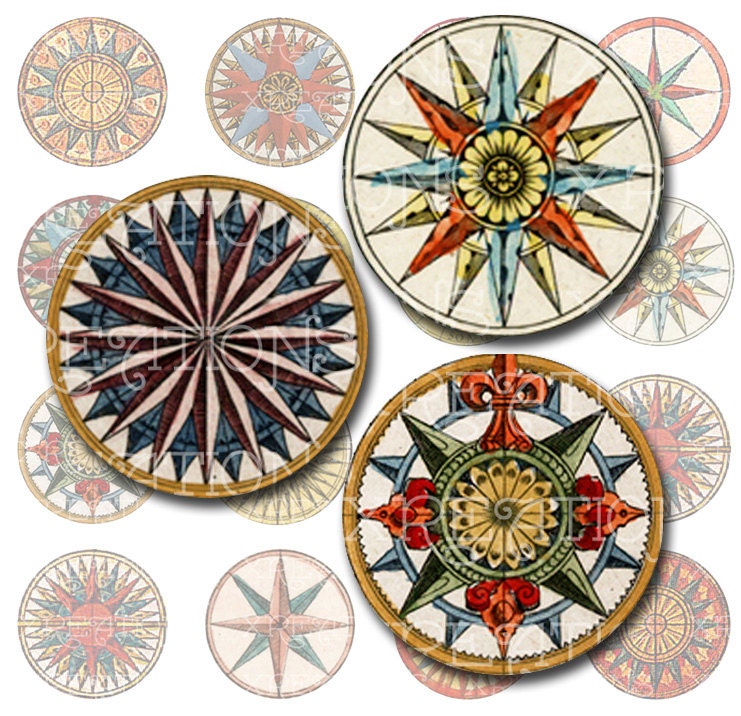 Antique Maps Rose Compass in 1 inch circles - a great set of vintage rose compass for your pendant making, scrapbooking, embellishment more