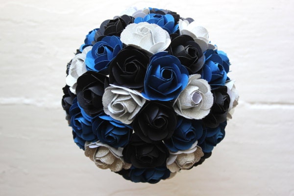 Paper Flower Bouquet, Wedding, Blue, Black, Silver, Paper Rose