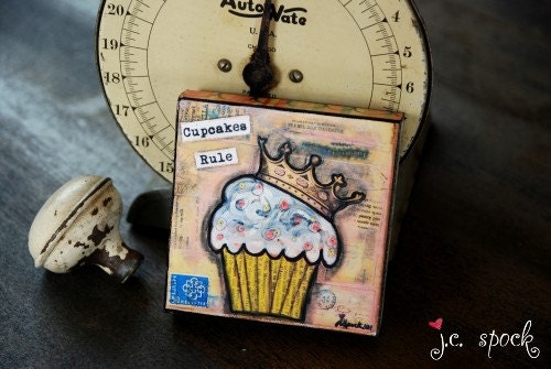 4x4 mounted print: Ruling Cupcakes, mounted wood, mixed media art, cupcake art, whimsical art, cupcakes rule