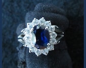Stunning Dark Blue Saphire and Rhinestone Ring with Clip Earrings