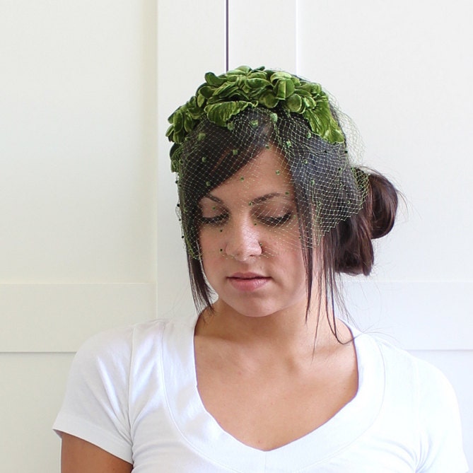 1940s Birdcage Veil Fascinator Hat, Green Velvet Flower Hat Bird Cage Veil, One Size