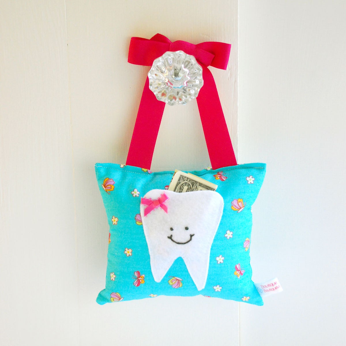 Girl's Tooth Fairy Pillow Tooth Fairy Gift in Turquoise Blue and Hot Pink