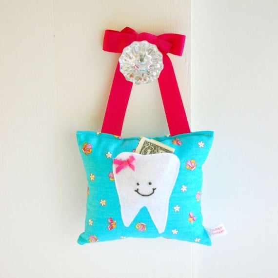 Girl's Tooth Fairy Pillow Tooth Fairy Gift in Turquoise Blue and Hot Pink