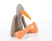 Baby bird  - Eco Friendly Toy , Dark Olive Green chick duck with copper beak Wearing polka dots orange socks  - timo handmade fabric doll