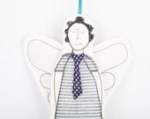 Wall hanging ornament - Black and white Guardian Angel Wearing  striped dress and a blue polka dot tie . timo - handmade fabric Wall art