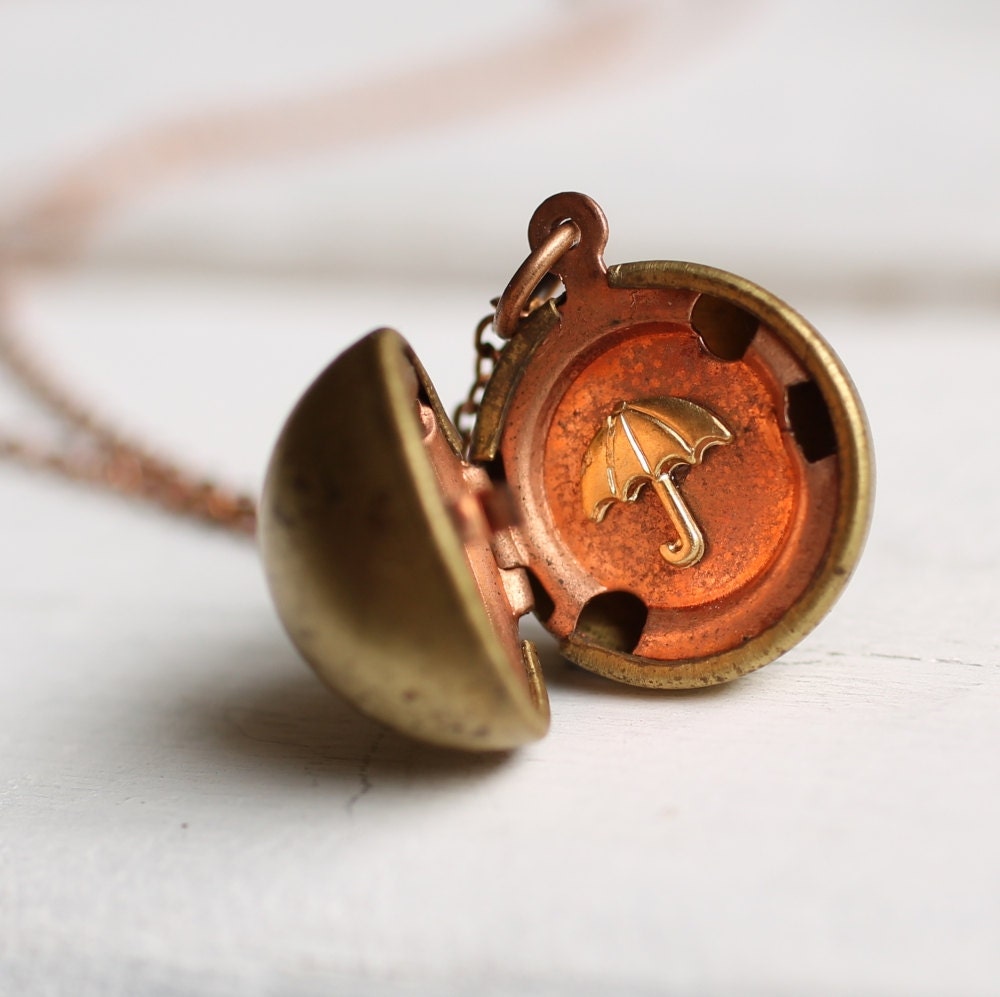 Ball Locket ... Rainy Day Umbrella Sphere Globe Vintage Gold Brass Copper April Showers
