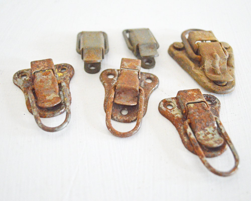 Six Vintage Metal Clasps Rusty Industrial Rustic Patina Silver Brown Salvage Vintage Supply Mixed Media Assemblage Set Collection