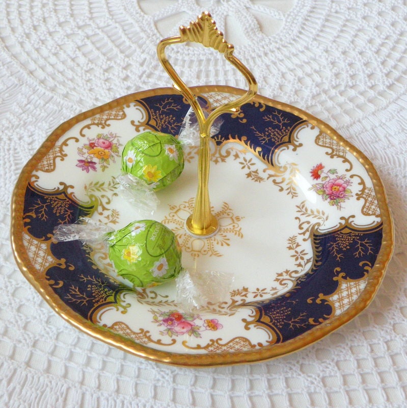 High Tea for Alice Cobalt Blue Saucer Plate Stand with Gold, a Vintage China Display for Jewelry, Candy, Soap or Business Cards