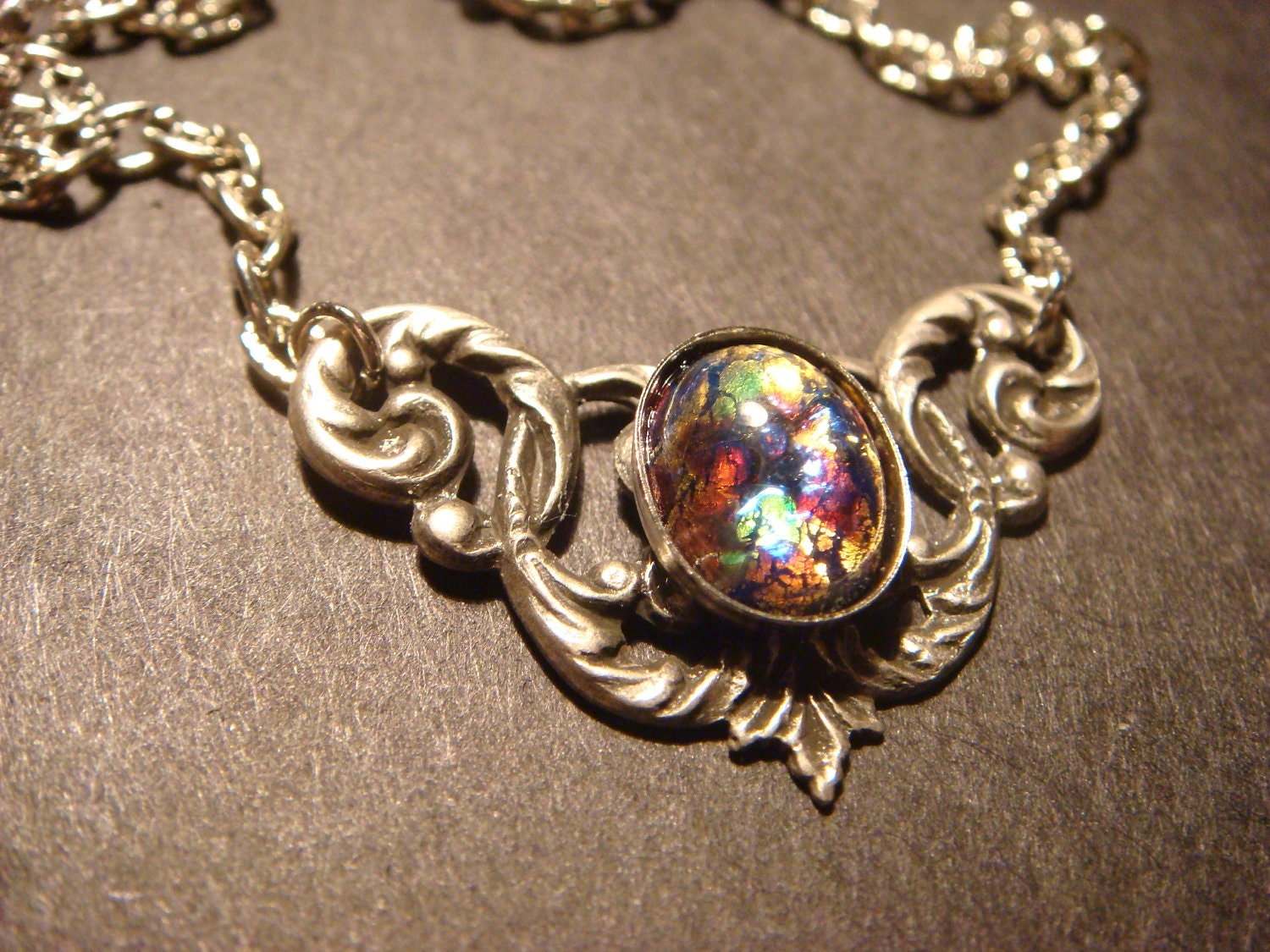 Victorian Style Black  Multi Color Fire Opal Necklace in Antique Silver (723)