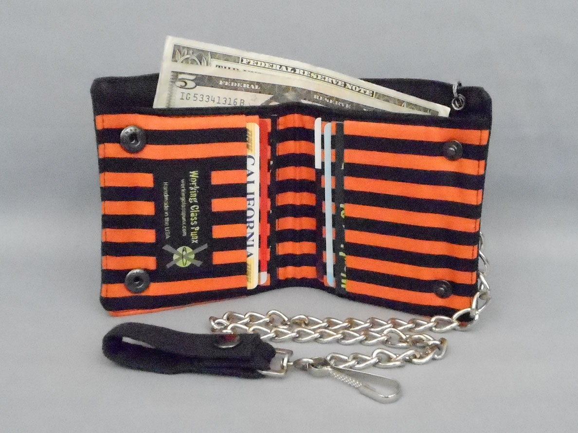 Vegan Chain Wallet Black and Orange Stripe Black Canvas
