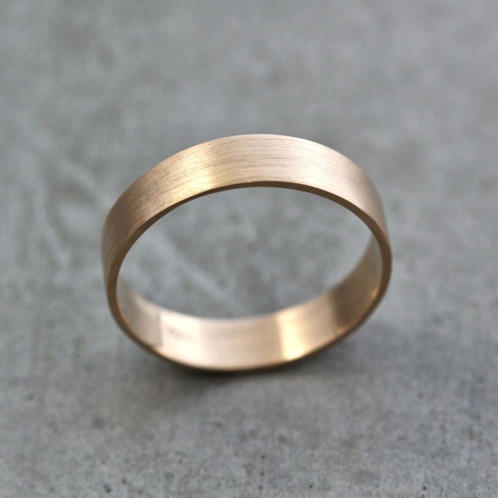 Men's Gold Wedding Band, Unisex 5mm Wide Brushed Flat 10k Recycled Yellow Gold Wedding Ring Gold Ring -  US Size 8.5 Ready to Ship