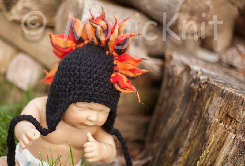 061d Mohawk Baby boy newborn size black, orange and red earflap punk hat. Great for photo prop.