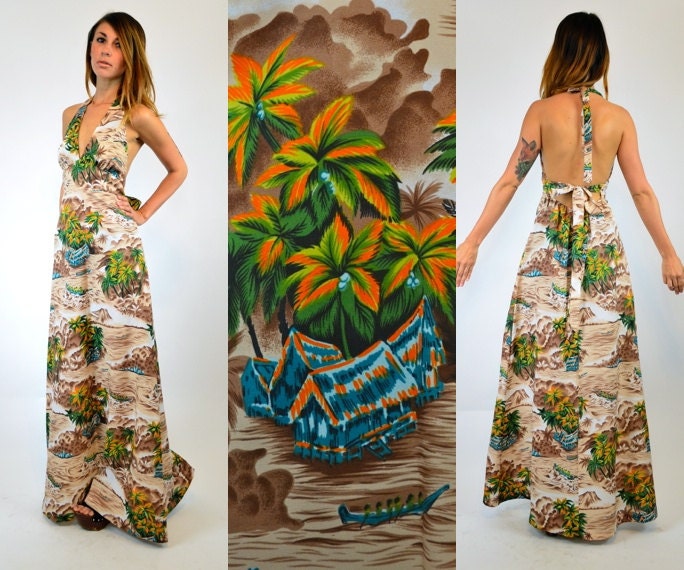 tahiti RESORT lightweight ethnic HALTER open back MAXI dress, extra small-small