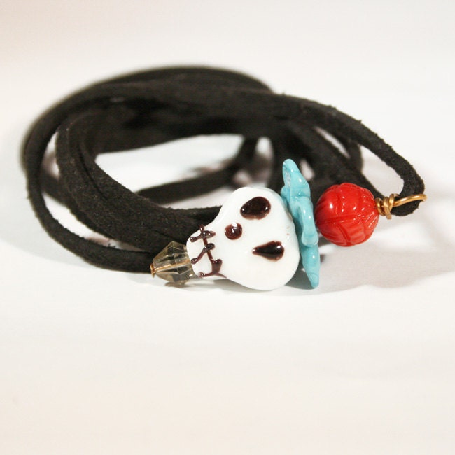 Skull Necklace Pendant Necklace Lamp Work Bead Day of the Dead