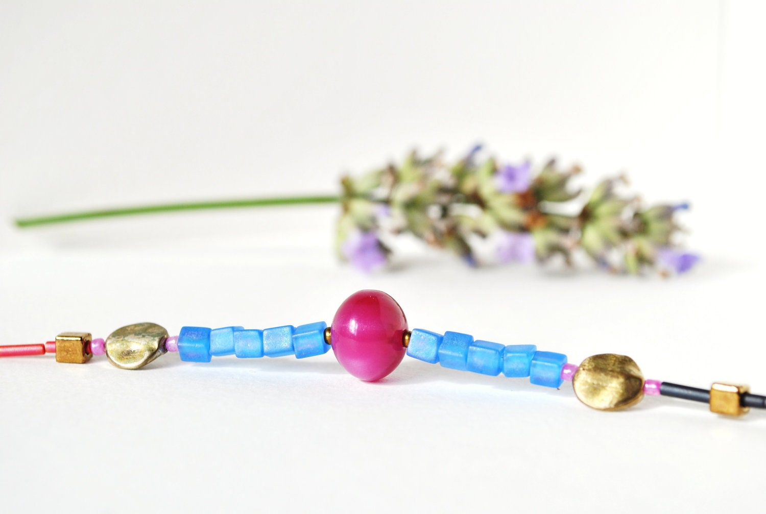Mixed media bracelet, stacking bracelet, vintage bead bracelet, repurposed bead bracelet, pink and blue bracelet, by nicobel