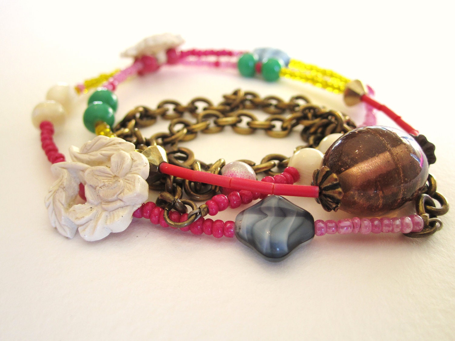 Vintage button necklace, vintage bead necklace, flower bracelet, wrap bracelet, vintage button bracelet, statement necklace