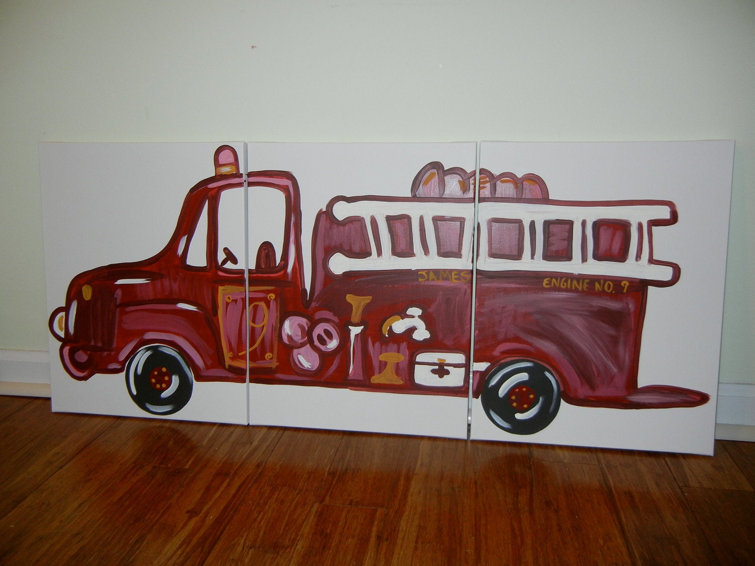 Triptych Fire Truck painting- Pottery Barn Kids Inspired- Three 14x18 panels- New size