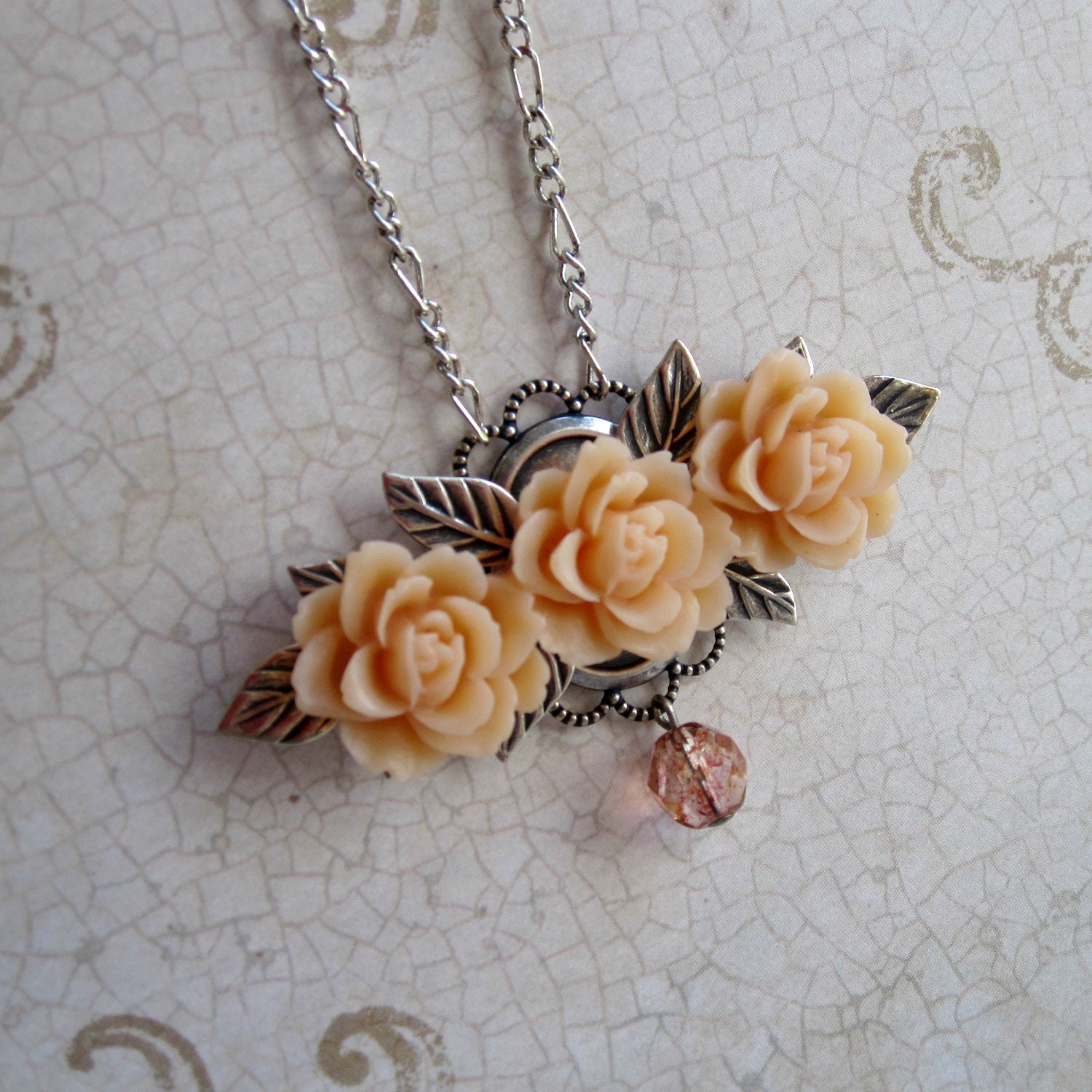 Flower Necklace - Peach - Blush - Bridal Jewelry - Silver Necklace - Romantic - Floral Necklace - Roses