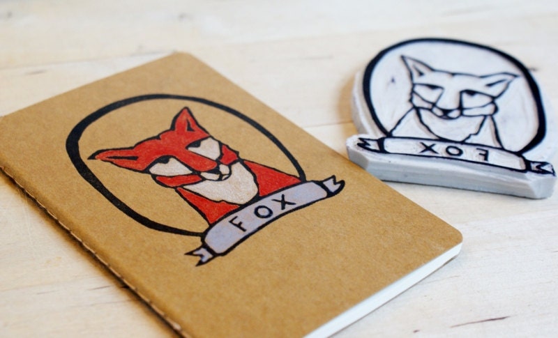 Red Fox in a Frame Blank or Lined Notebook Moleskine Journal Hand Carved Stamp Hand Colored