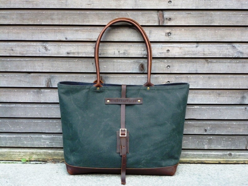 waxed canvas bag carry all/tote bag with oiled leather bottem UNISEX