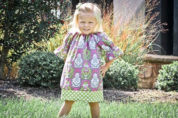 Fall 2012.. Pink Grey and Green Damask Dress.. Sz 6m-6y.. Perfect for Fall days girl toddler