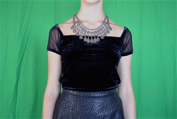 vintage top, 1990's GOTH stretch velvet shirt w/ sheer mesh cap sleeves, small