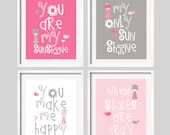 You Are My Sunshine - Pink and Grey Giraffes and birds- 8x10 wall art, baby shower gift, boy and girl colors