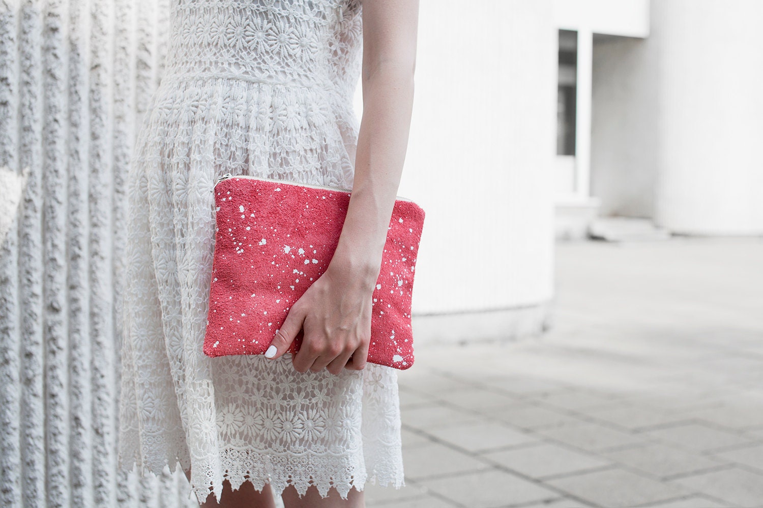 Coral Red Splatter Leather-Suede Pouch No. SZP-101
