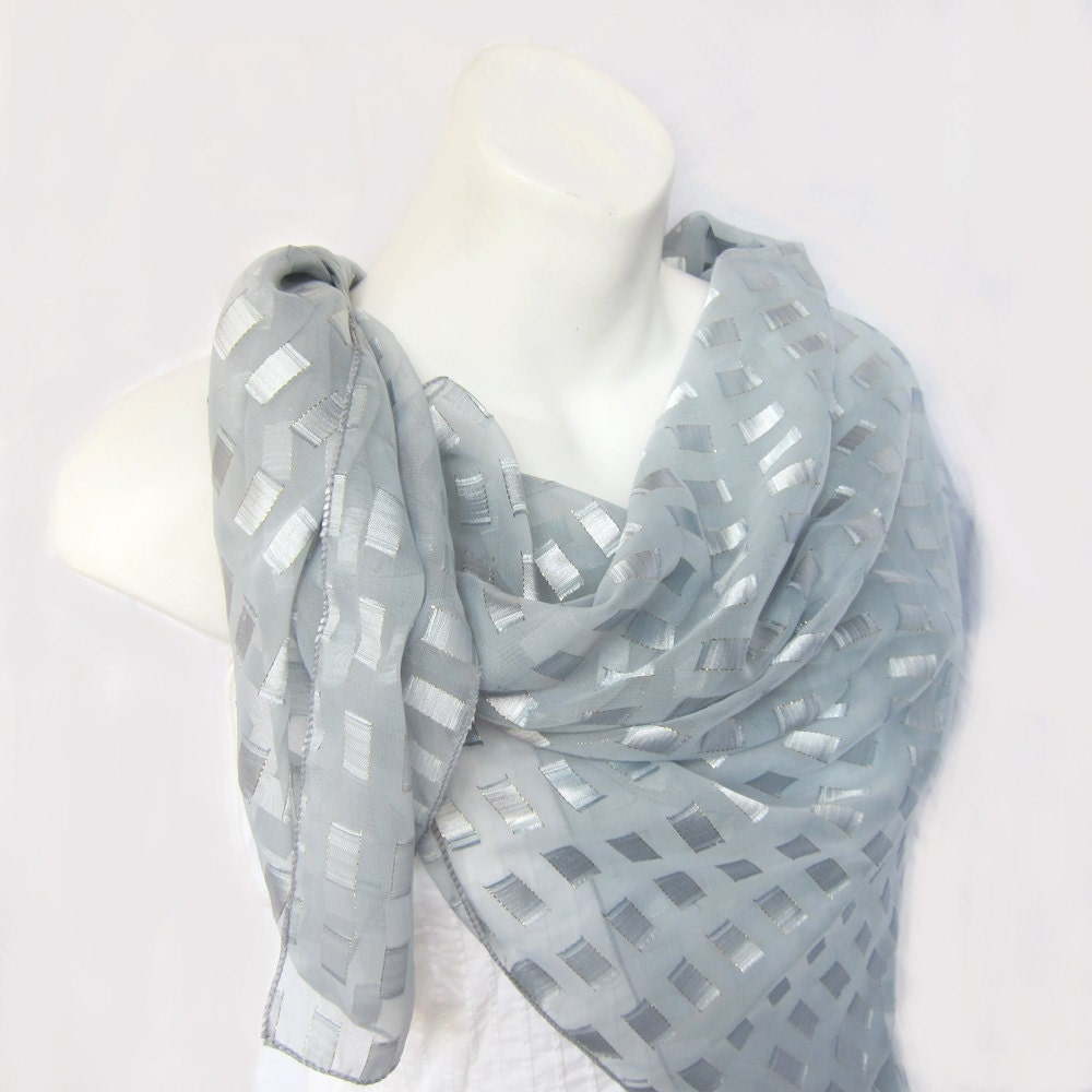 Lovely Geometric Pastel Gray Silk Chiffon Scarf ..41 x 43 Square..Elegant, Bohemian Scarf..Christmas in July