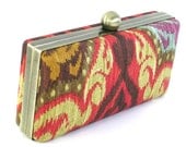 Ikat Clamshell Clutch Red and Gold Purse Boho Bag Dressing Case Modern Evening Handbag Metal Frame Handbag