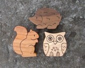 WOODLAND SET - 3 Wooden Toy Animals - Squirrel, Owl, Hedgehog - Wood Toys - natural Waldorf toys