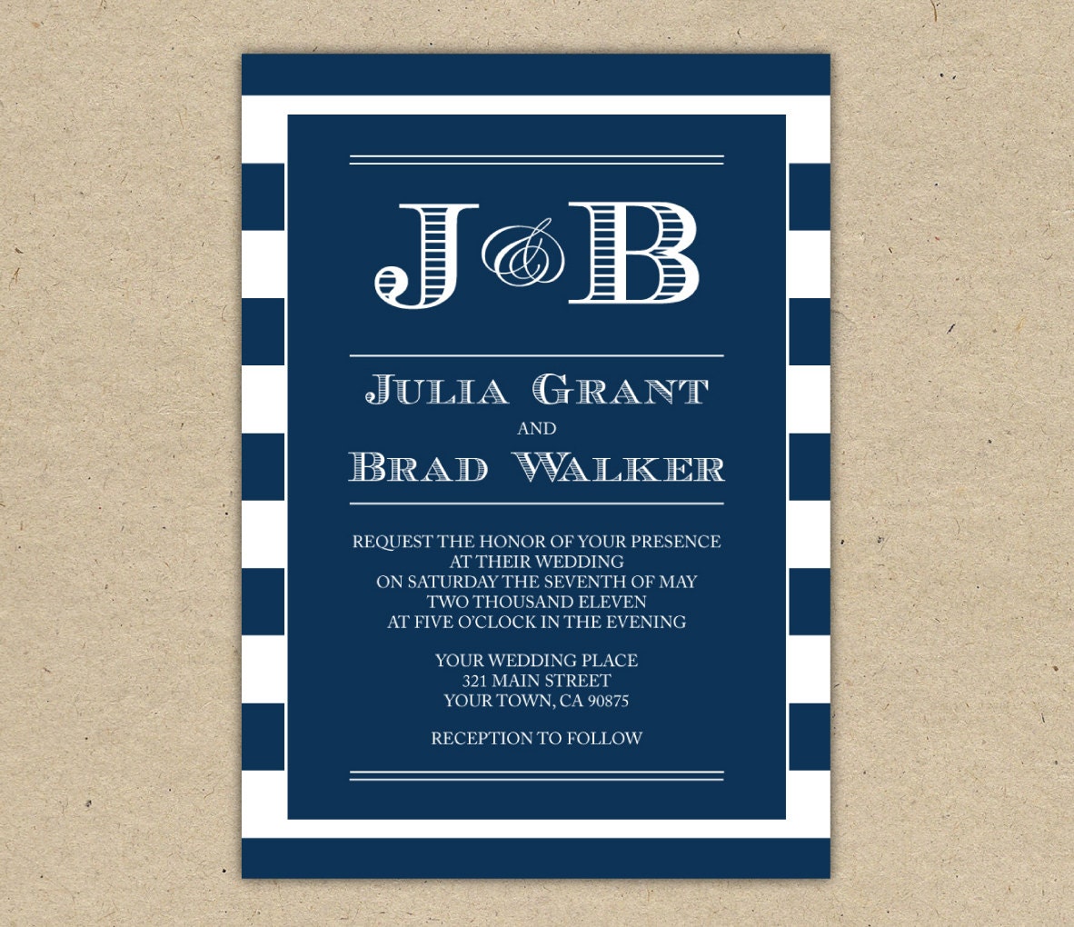Modern Wedding Invitation. pin stripe. DIY printable. nautical (1058)