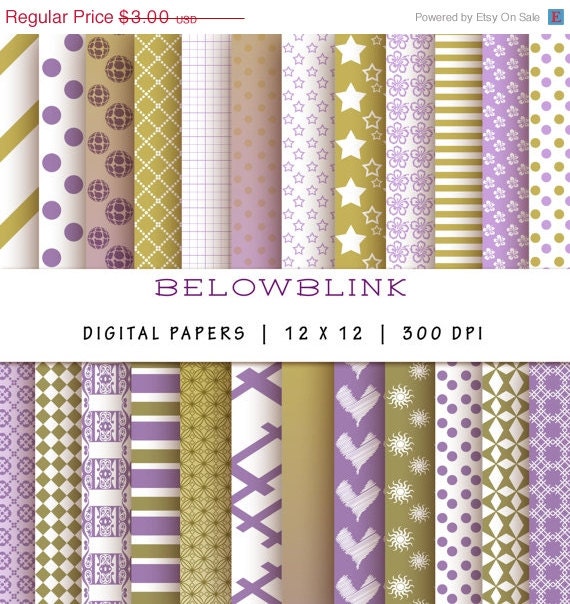 50% Off Sale Wisteria and Vegas Gold Digital Paper Pack, Scrapbook Papers, 24 jpg files 12 x 12 - Instant Download - DP161