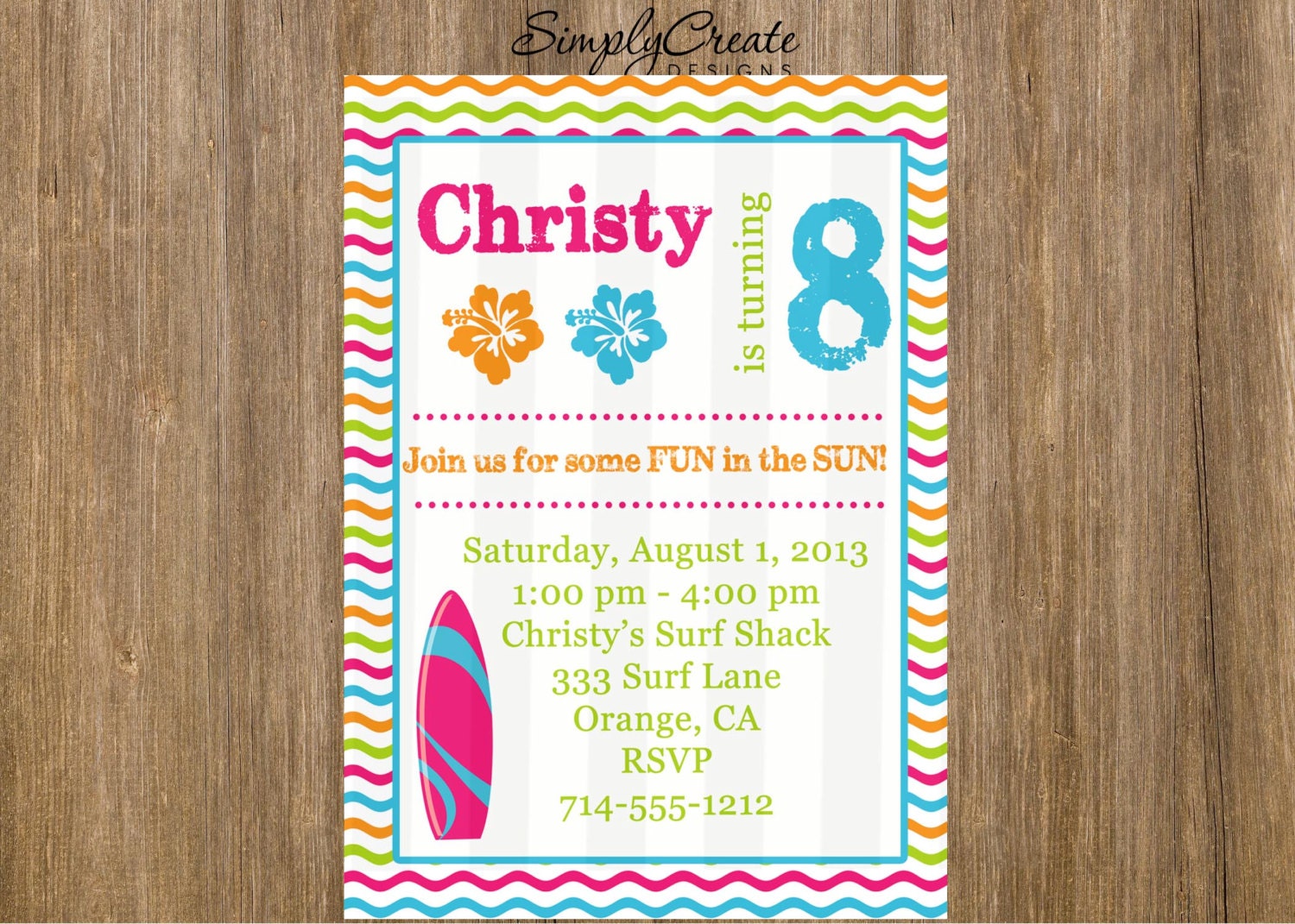 Surf Party Beach Girl Invitation 5x7 or 4x6 Invite Jpeg DIGITAL File Il_570xn