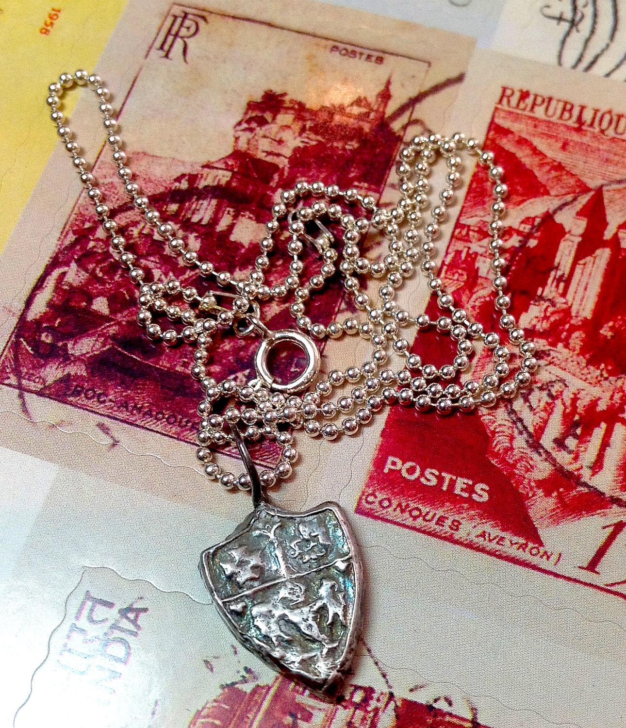 Armorial Shield Fine Silver Pendant with 18" Sterling Silver Ball Chain - Crest - Coat of Arms - Heraldry - Recycled Silver