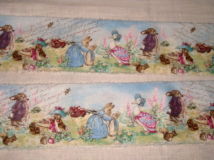 Spring Easter Peter Rabbit Hand Distressed and Hand Stamped Fringed Ribbon Twill Rabbit002 ECS