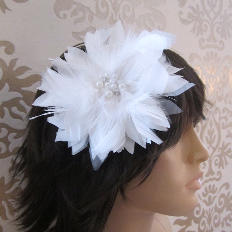 Wedding Hair Head Piece Bridal Hair Bridal Accessory : LANA Silk Feathers Rhinestones Pearls Feather Hair Fascinator