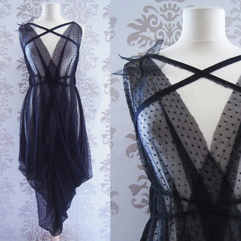 Party Dress Handmade Holiday Fashion Cocktail Dress Evening Dress Clothing Women : BELLA Black Polka Dots Tulle Drape Dress Custom Size