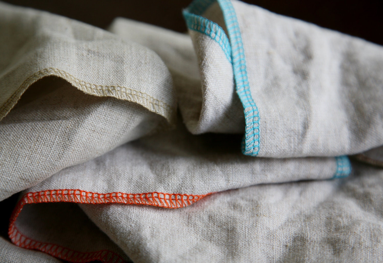 8 Natural Linen Napkins - Pure Linen Eco Cloth, Oatmeal w/Wide Stitch // Choice of Single Accent Color